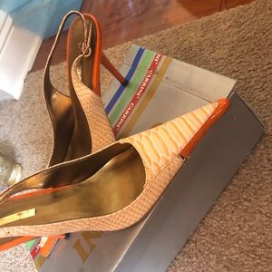 Orange snakeskin sling back shoe